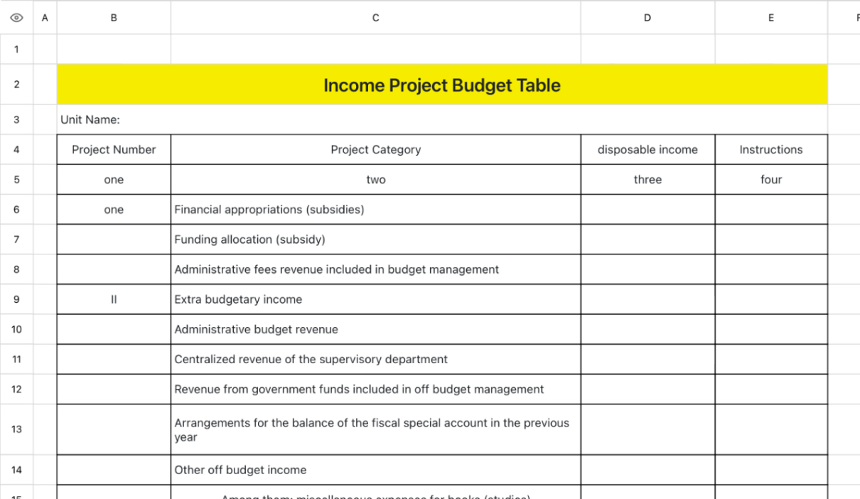 Income Project Budget Table